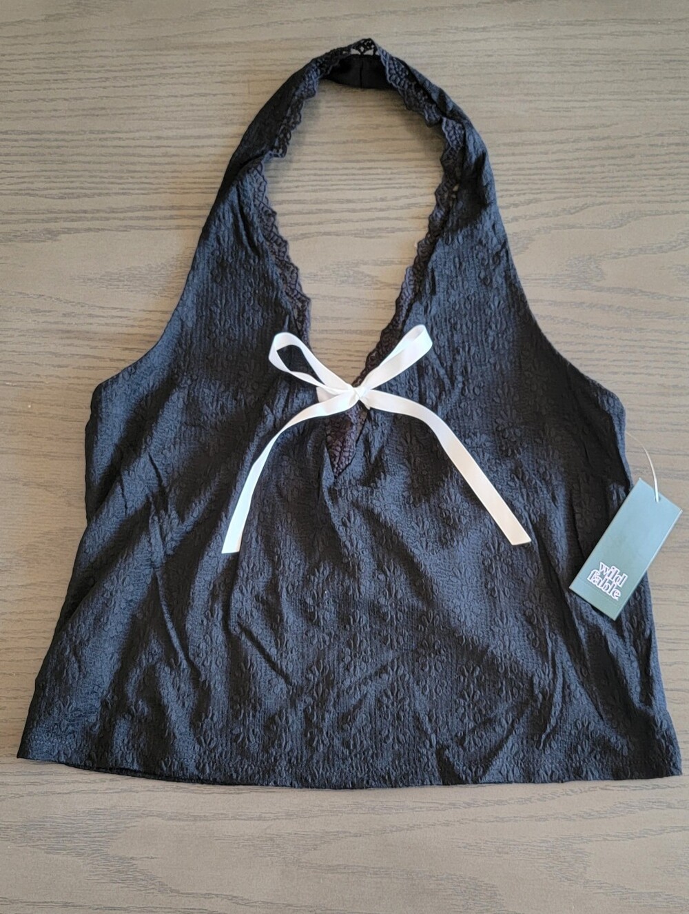 WILD FABLE, NWT! Women's Black Lace Halter Top With White Bow